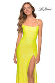 Picture of: Long Sequin Pattern Prom Dress with Tie Up Back in Yellow, Style: 28516, Detail Picture 2