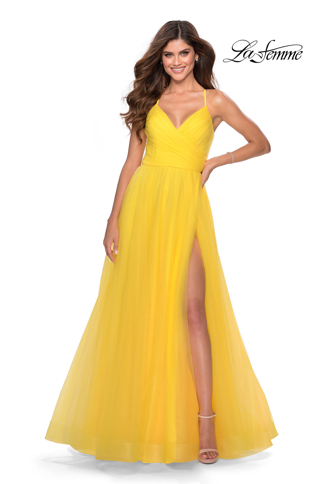 Picture of: Long Tulle A-line Prom Gown with Side Slit and Pockets in Yellow, Style: 28561, Detail Picture 2