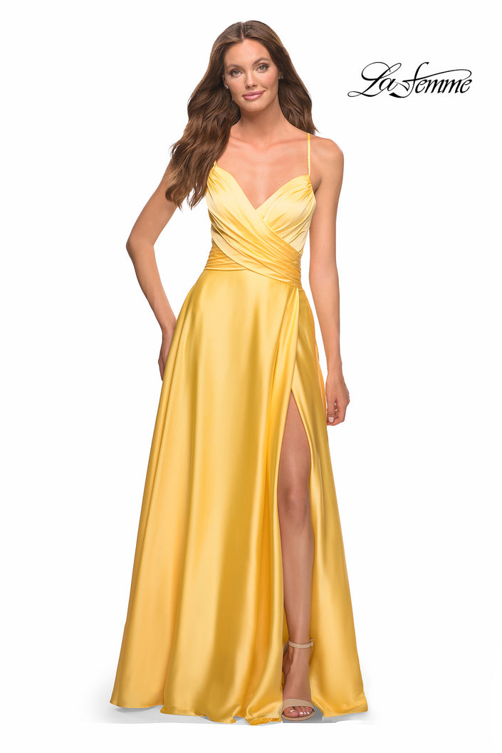 Picture of: Bright Satin Gown with Criss-Cross Ruched Top in Yellow, Style: 30662, Detail Picture 2