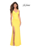 Picture of: Long Jersey Prom Dress with Cut Out Back Detail in Yellow, Style: 27181, Detail Picture 3