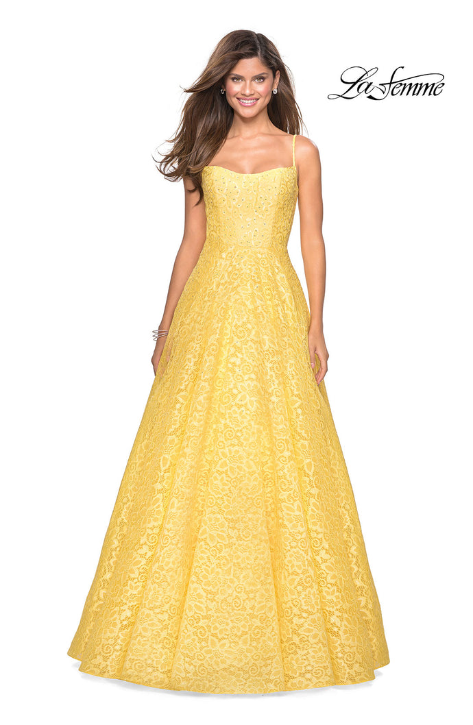 Picture of: Long Lace Organza Sweetheart Neckline Gown in Yellow, Style: 27190, Detail Picture 3