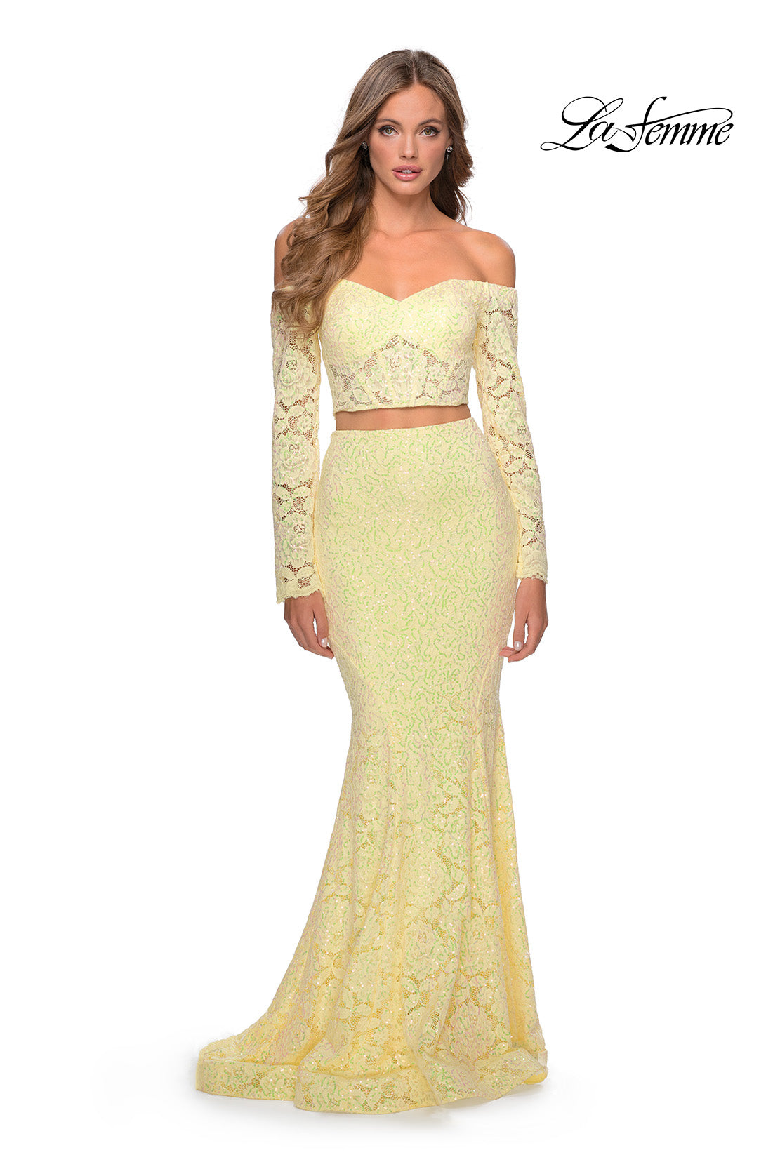 Picture of: Lace Sleeve Lace and Sequin Two Piece Prom Dress in Yellow, Style: 28666, Detail Picture 3