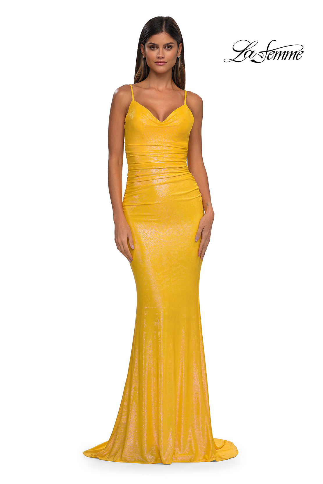 Picture of: Gorgeous Metallic Prom Dress with Ruching and Illusion Back in Yellow, Style: 33034, Detail Picture 3