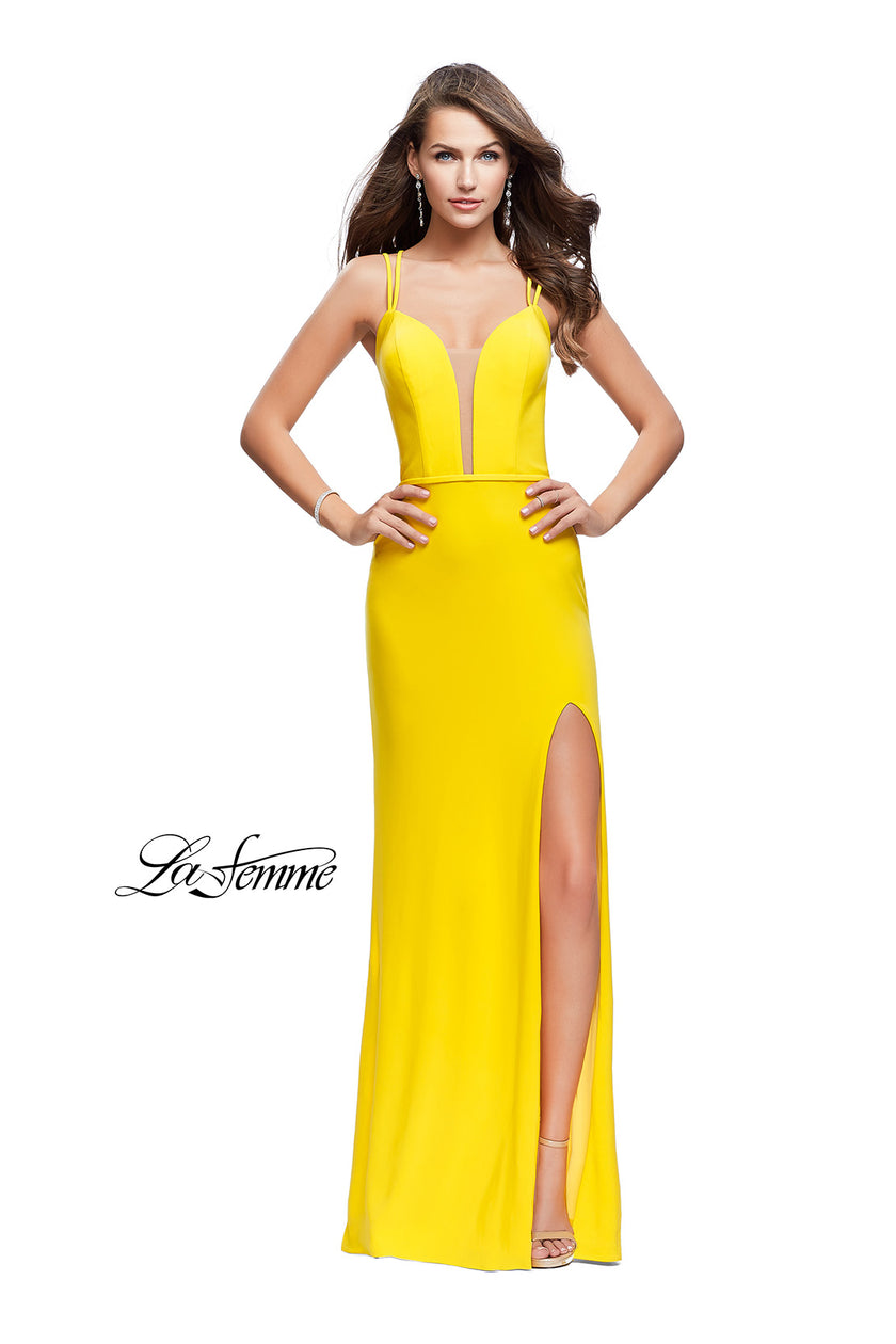 Picture of: Form Fitting Jersey Prom Dress with Side Leg Slit in Yellow, Style: 25725, Detail Picture 2