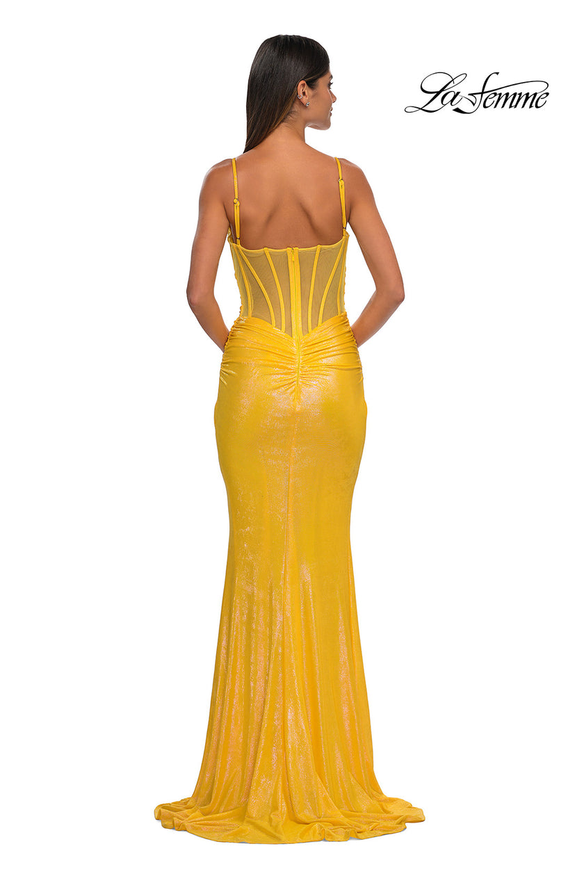 Picture of: Gorgeous Metallic Prom Dress with Ruching and Illusion Back in Yellow, Style: 33034, Detail Picture 4