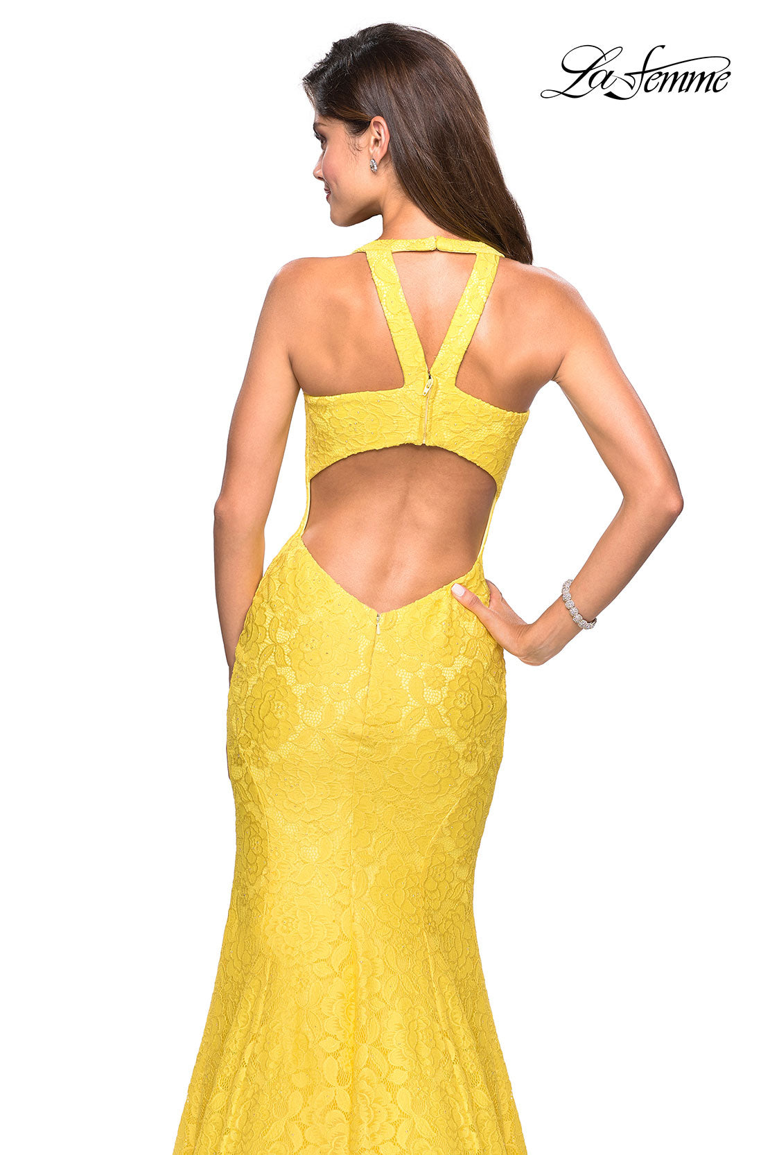 Picture of: Stretch Lace Mermaid Prom Dress with Cut Out Back in Yellow, Style: 27484, Detail Picture 5