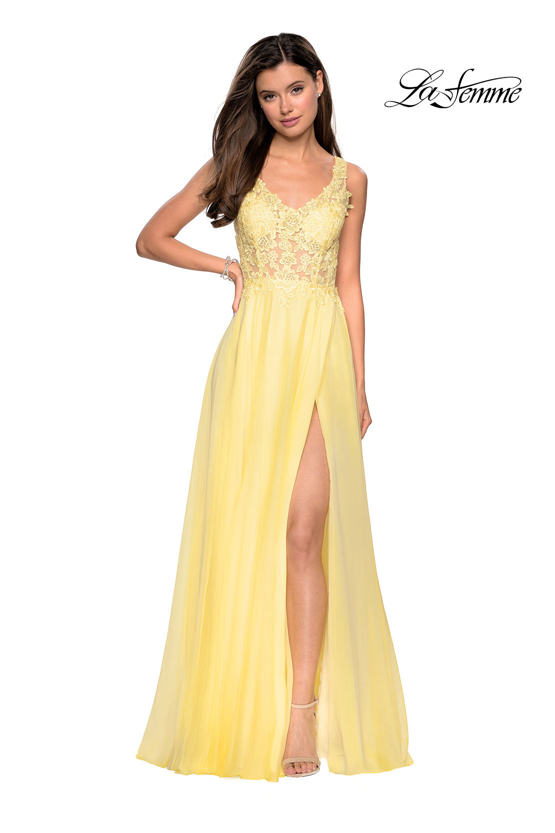 Picture of: Floor Length Chiffon Prom Dress with Sheer Floral Bodice in Yellow, Style: 27751, Detail Picture 5