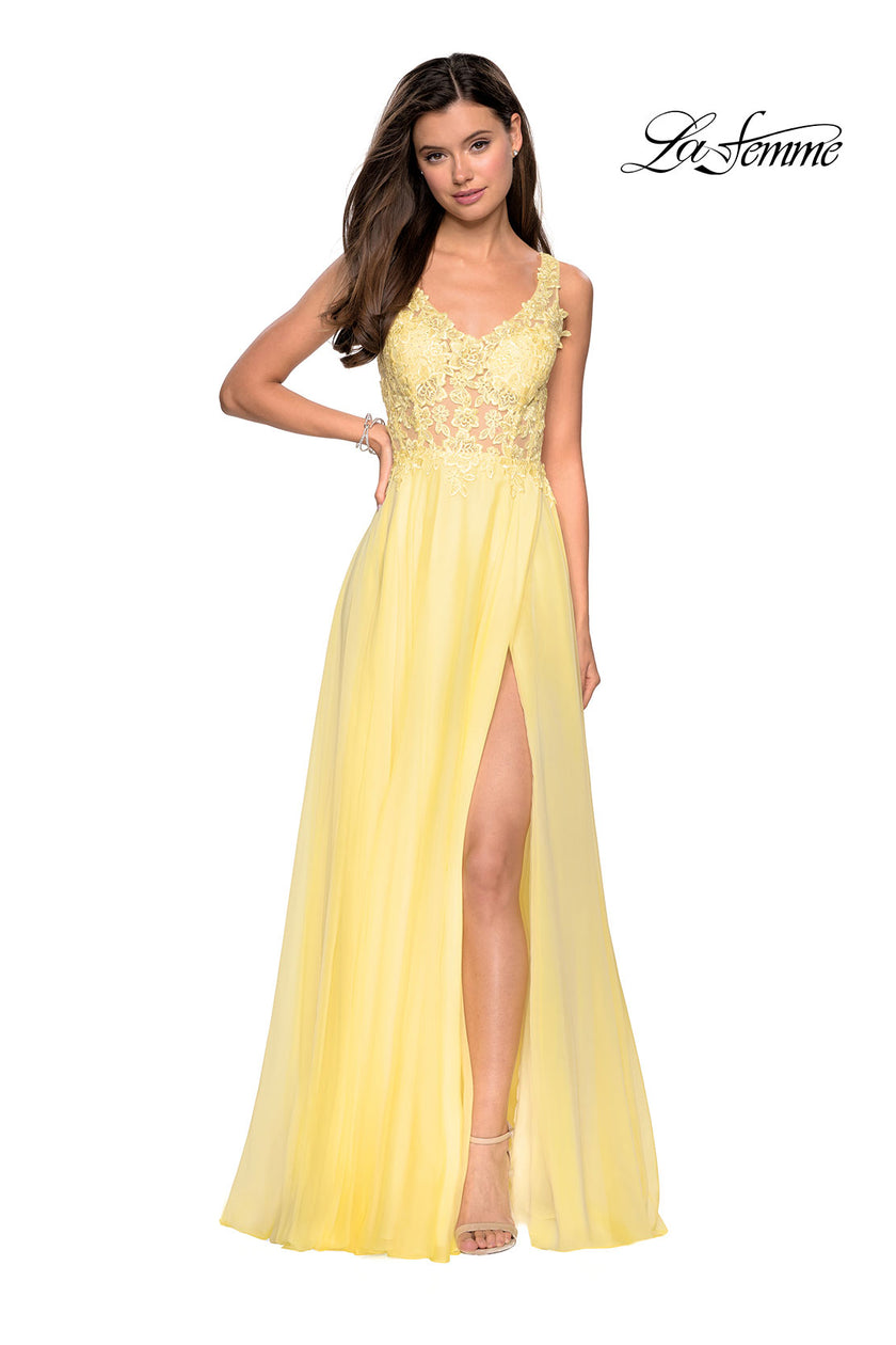 Picture of: Floor Length Chiffon Prom Dress with Sheer Floral Bodice in Yellow, Style: 27751, Detail Picture 5