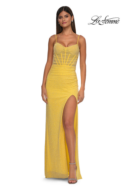 Picture of: Sparkling Long Prom Dress with Rhinestones and Ruching in Yellow , Style: 32578, Detail Picture 5