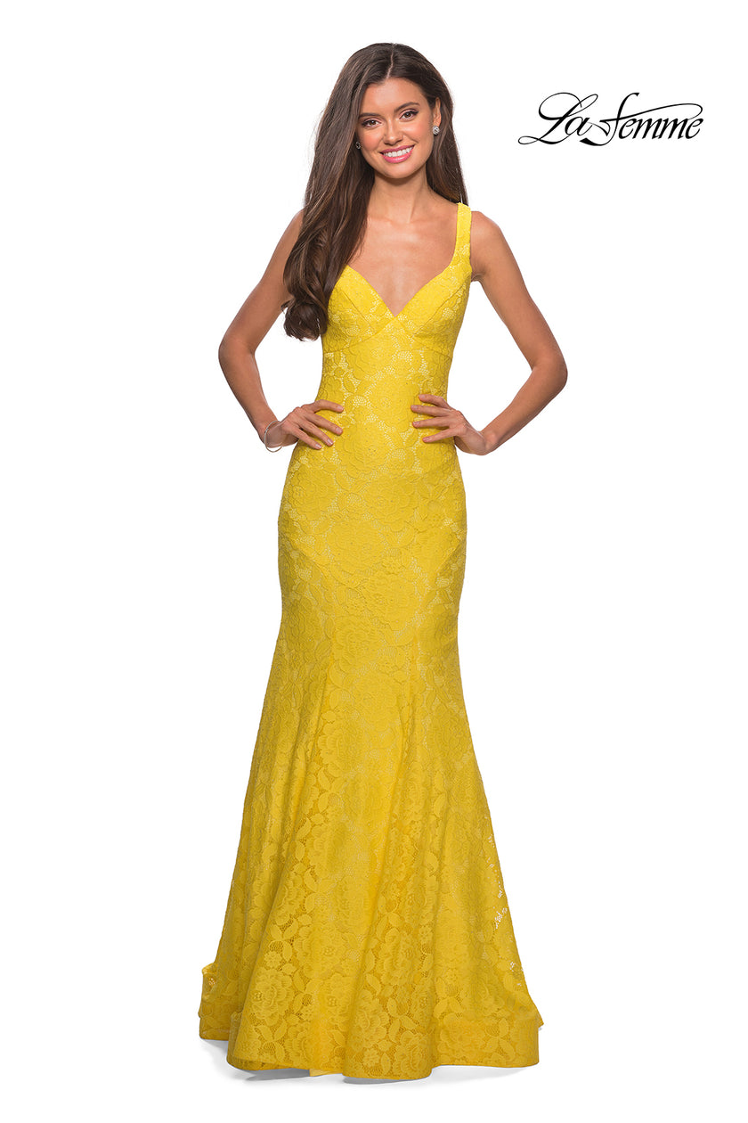 Picture of: Stretch Lace Long Dress with Open Strappy Back in Yellow, Style: 27623, Detail Picture 7