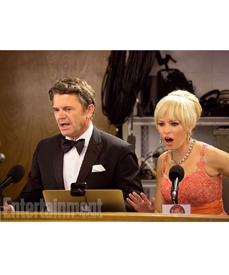 Elizabeth Banks in Pitch Perfect 2 Wearing La Femme Style 19882 in Hot Coral