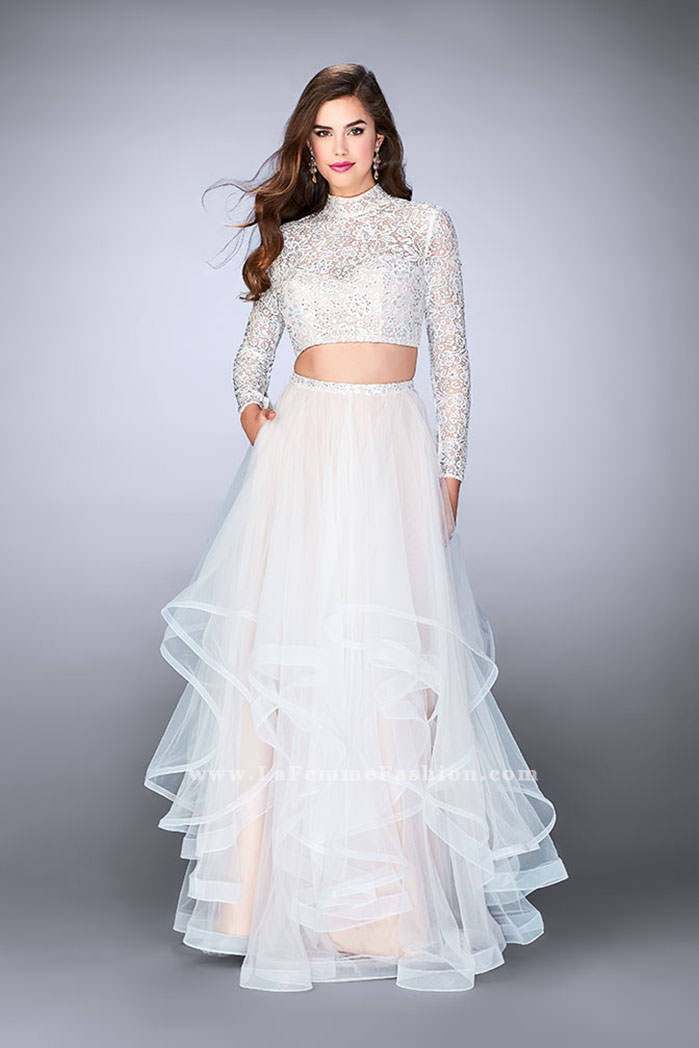 Two-Piece Tutu Skirt White Tulle Lace Long Sleeves Homecoming Dresses, MH392