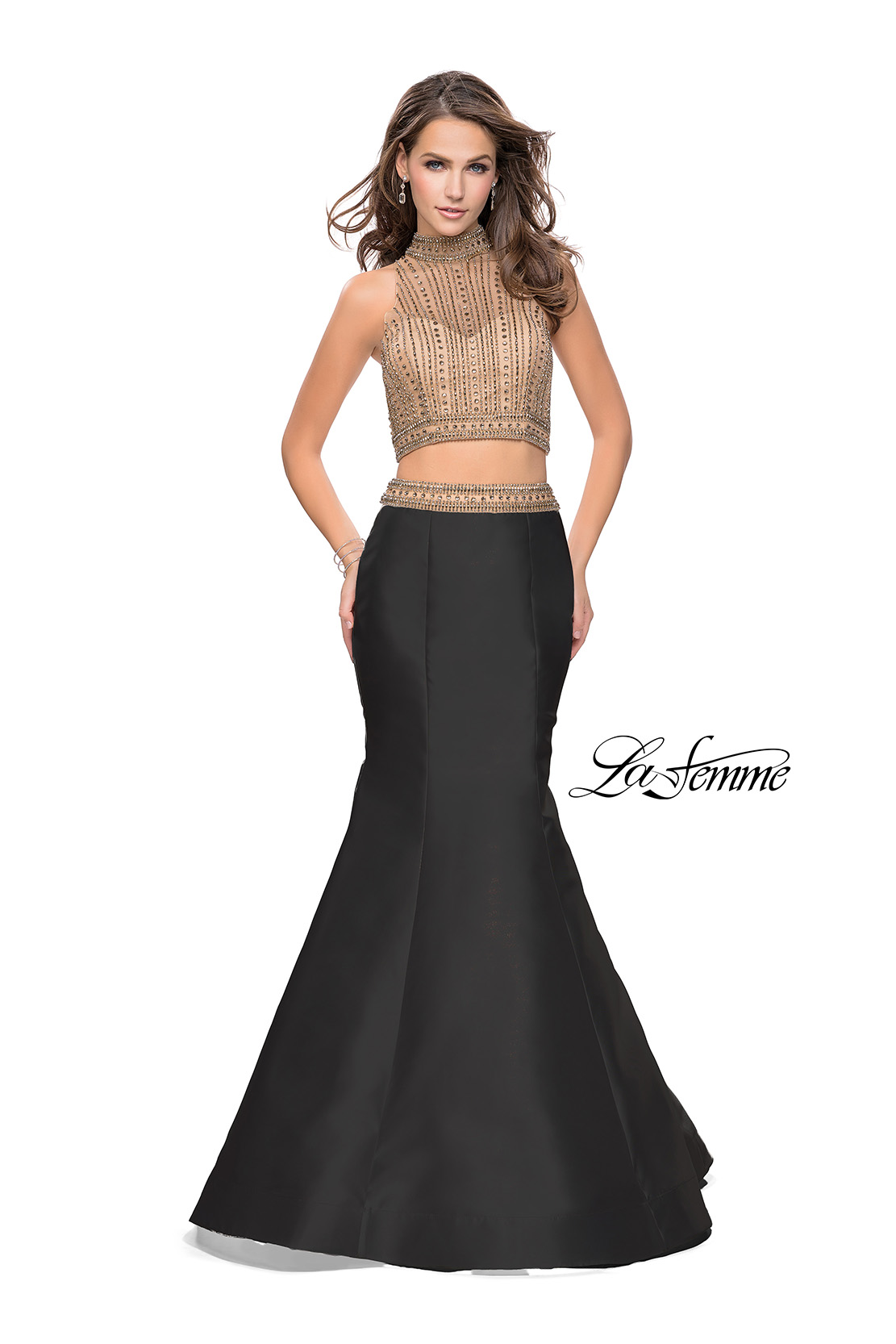 black and gold two piece prom dress
