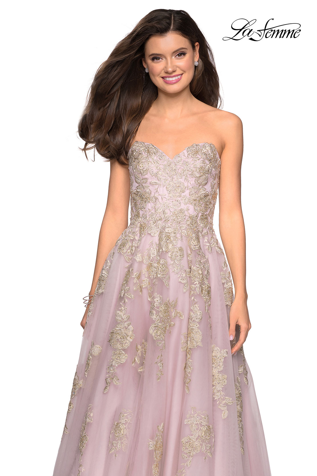 la femme metallic floral embellished evening dress