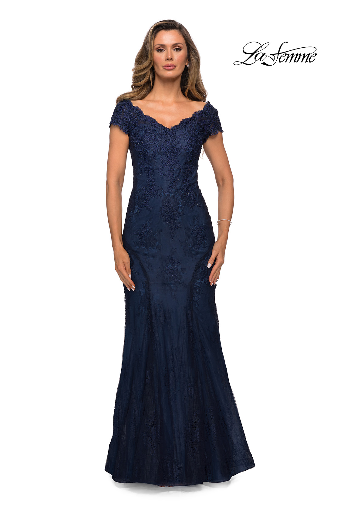 Glamorous Navy Blue Lace Tulle V Neck See Through Prom Dress