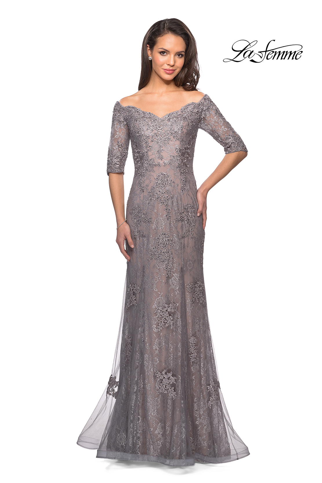 silver lace evening gown