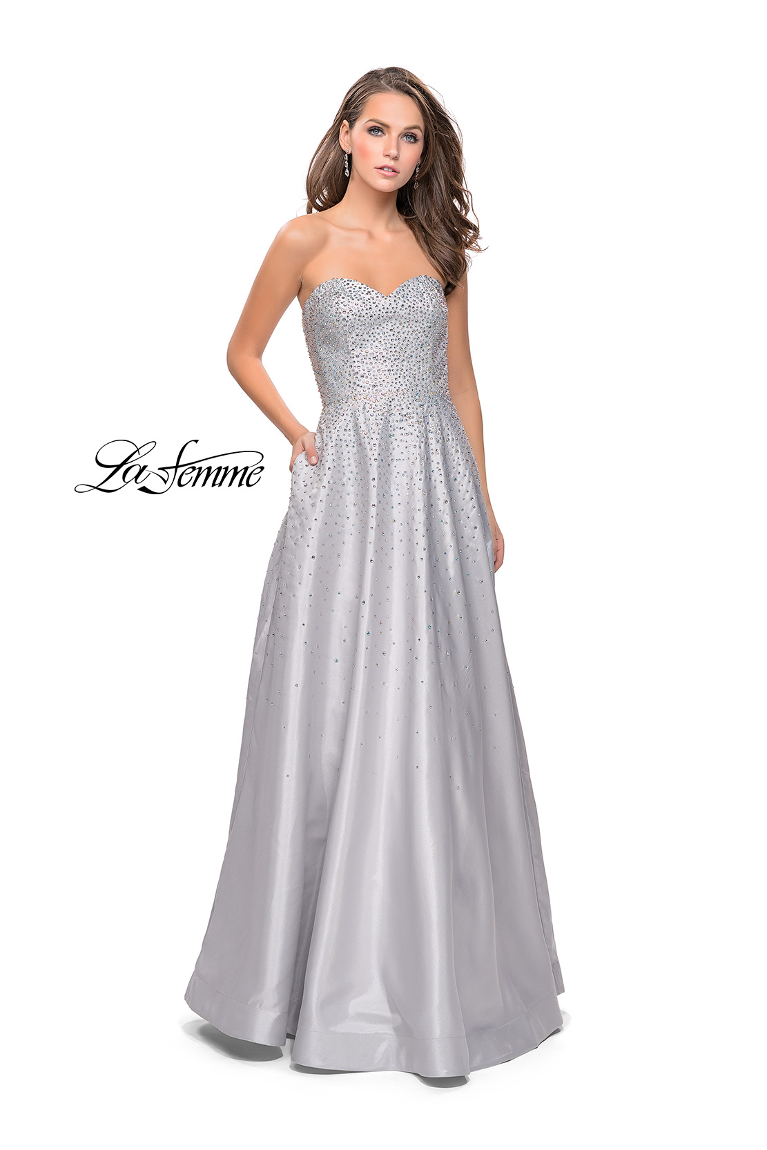 silver strapless prom dress