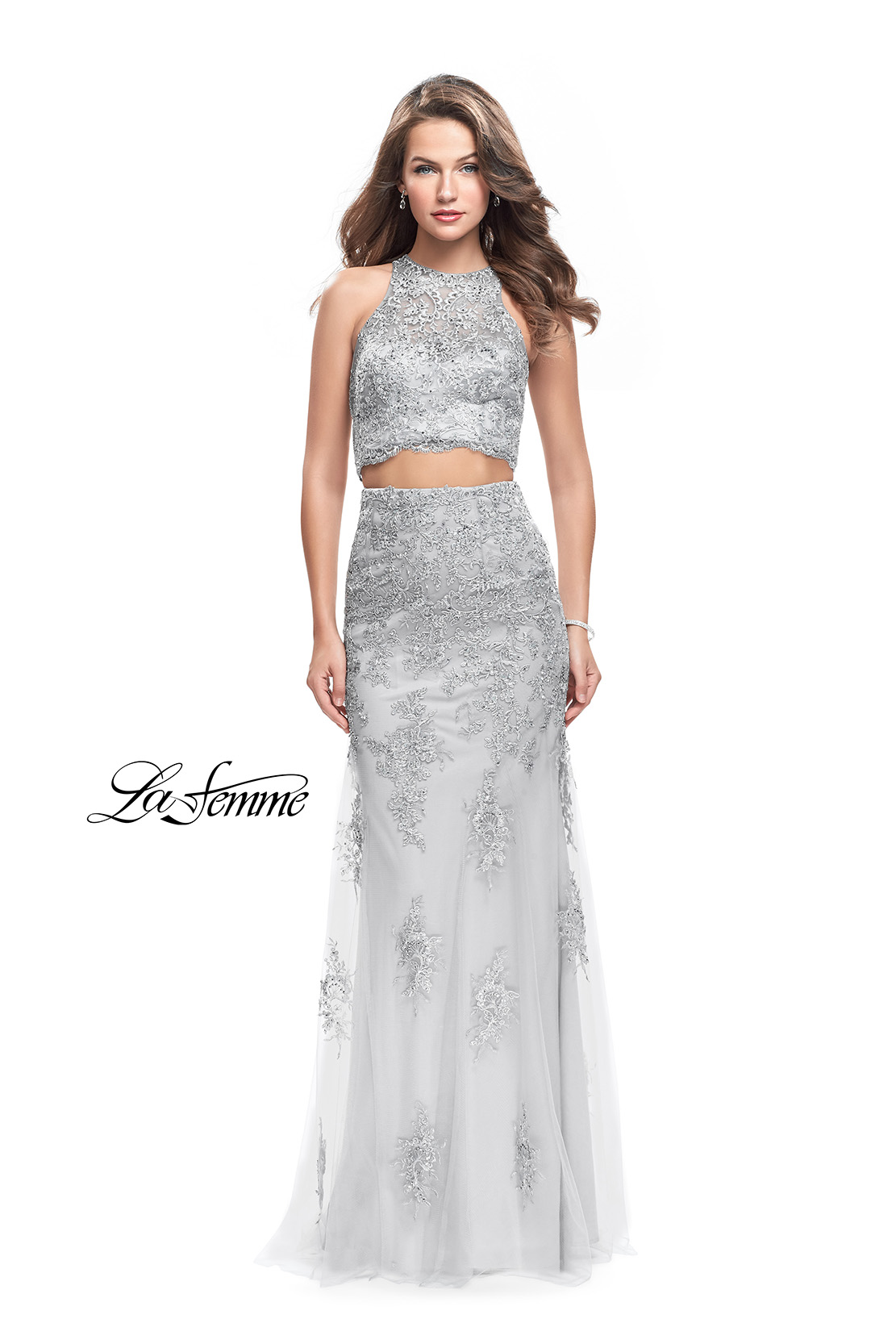 silver two piece prom dress