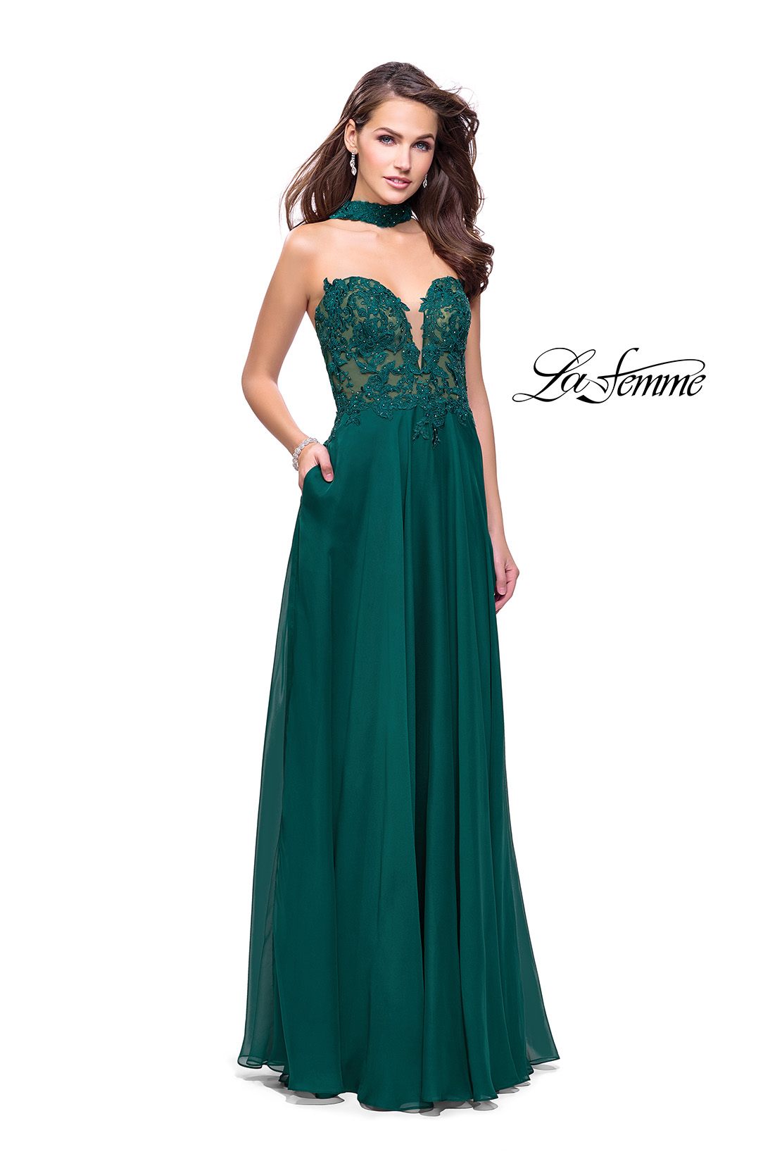Hunter Green La Femme Prom Dress with Lace Top and Pockets 