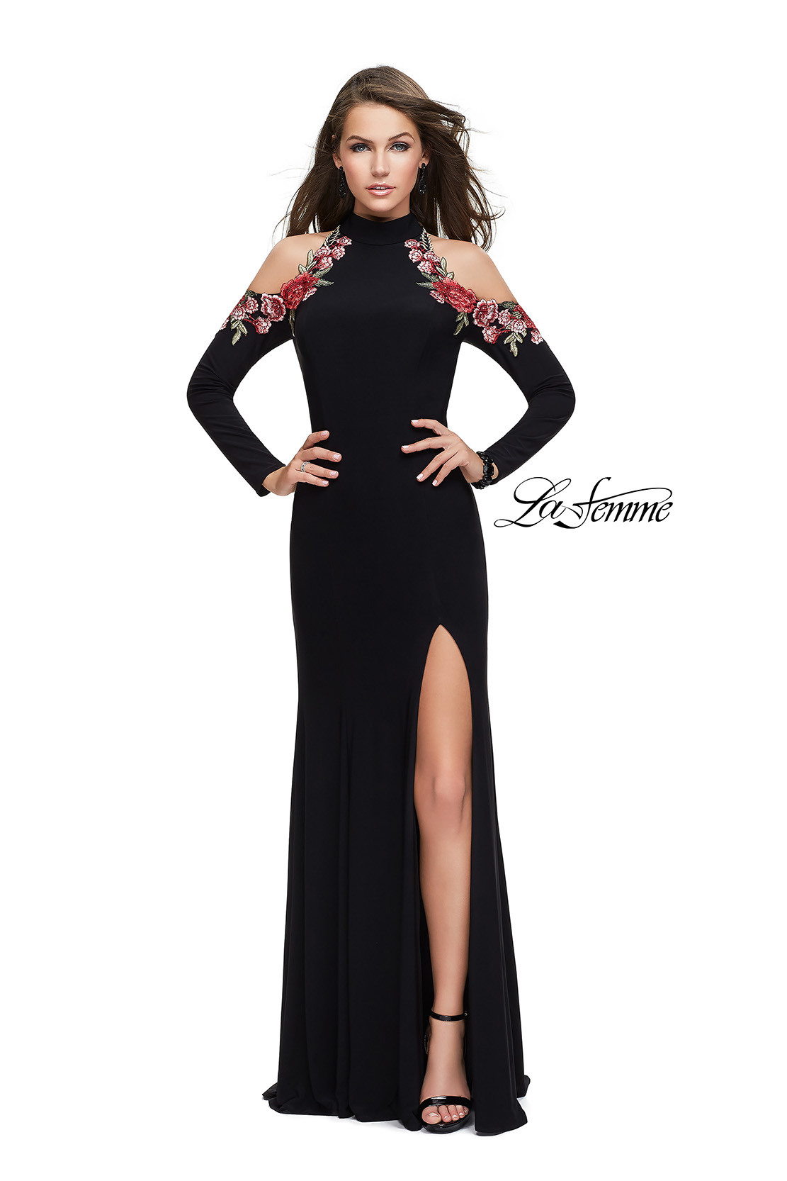 Black Prom Dress with Floral Details on Cold Shoulder by La Femme