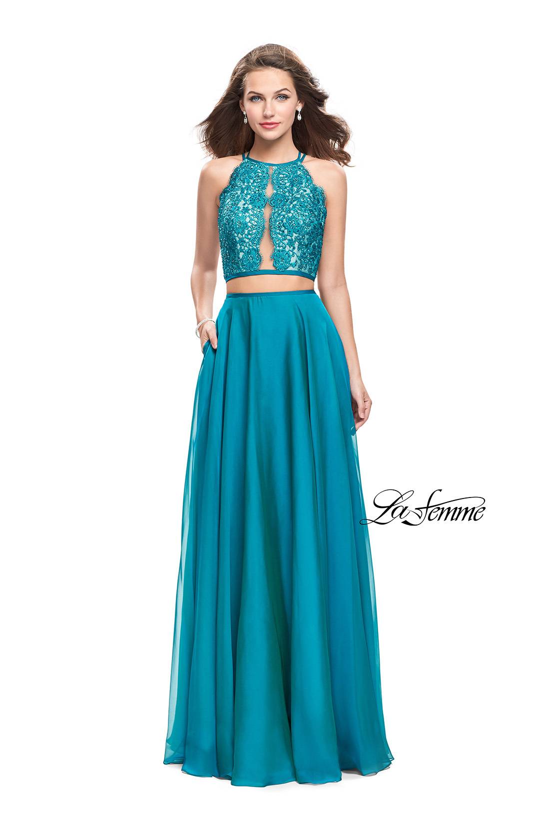 Teal Two Piece Prom Dress with Lace Top and Pockets