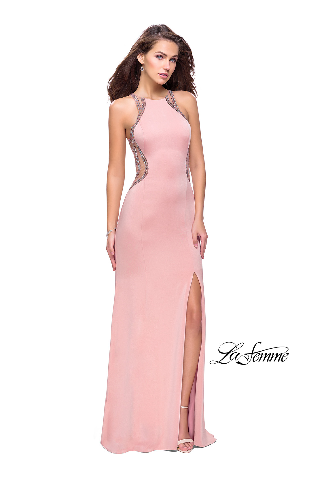 Blush Prom Dress with Rhinestone Beading and Slit