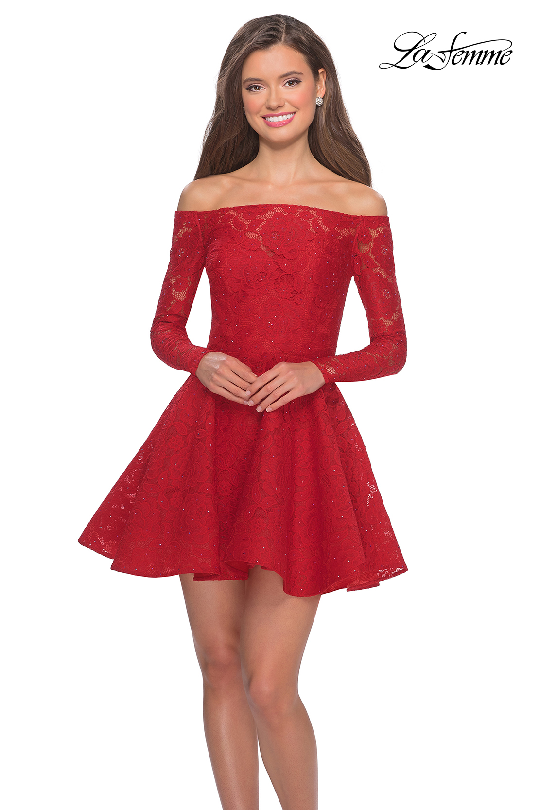 long sleeve lace off the shoulder dress with fit and flare skirt