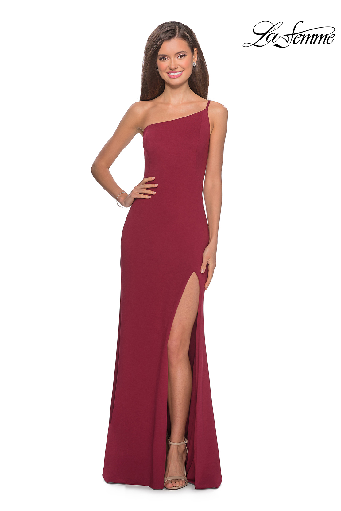 burgundy long homecoming dress with one shoulder