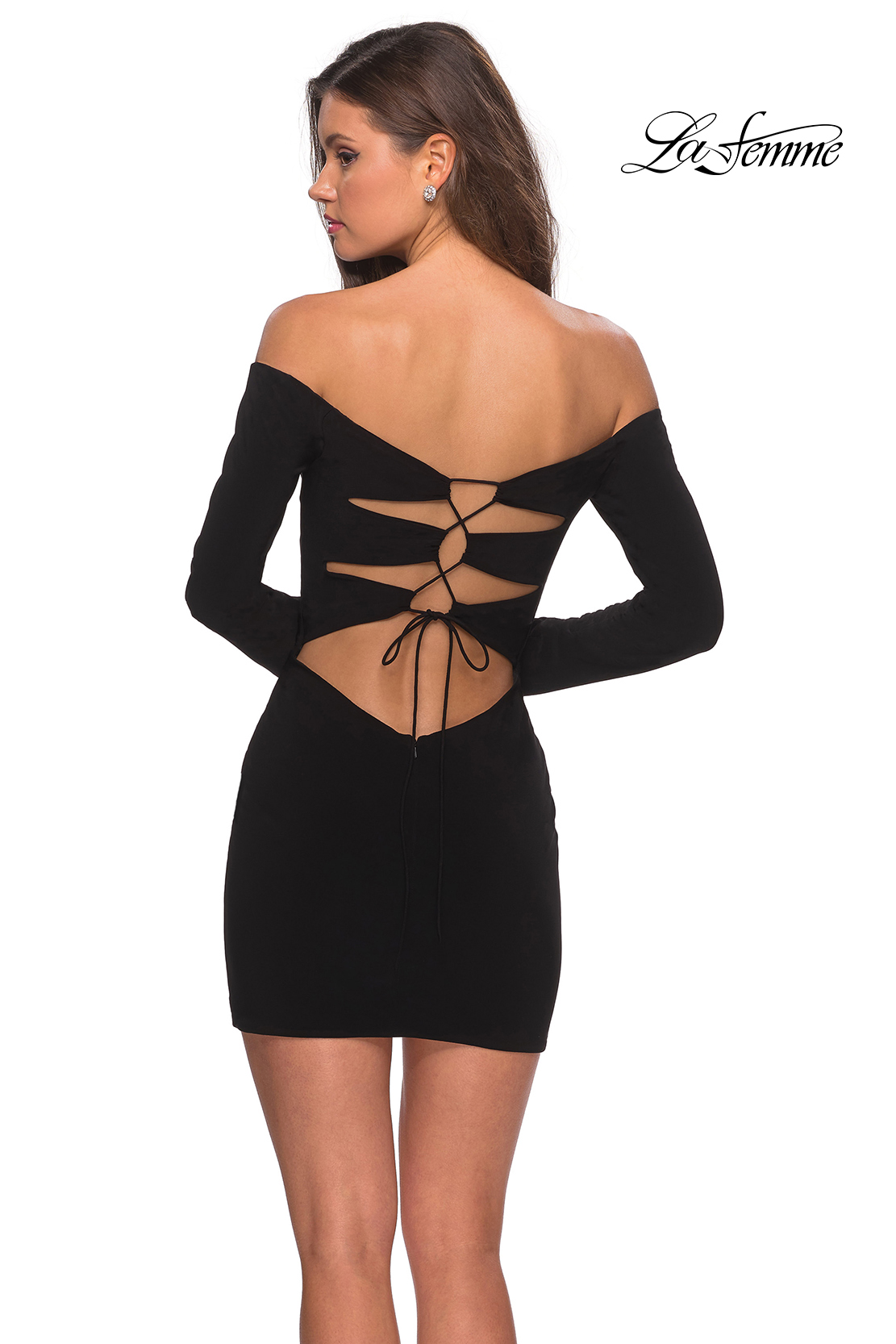lace up back short dress for homecoming with long sleeves