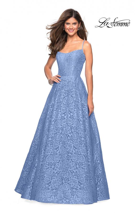 A-Line Cloud Blue Lace Prom Dress by La Femme Style 27190