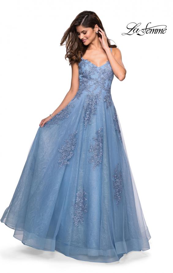 Lace A Line Ball Gown in Cloud Blue by La Femme