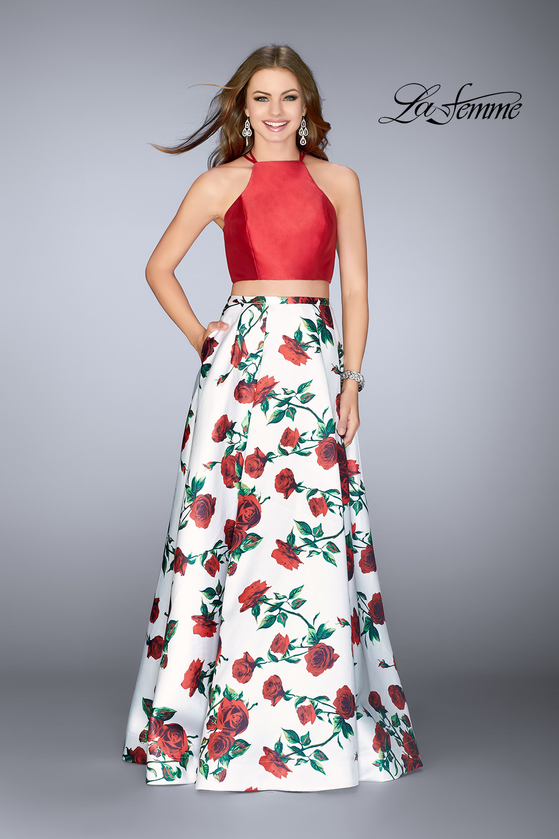 Print Two Piece Prom Dress with A Line Skirt and Pockets by La Femme