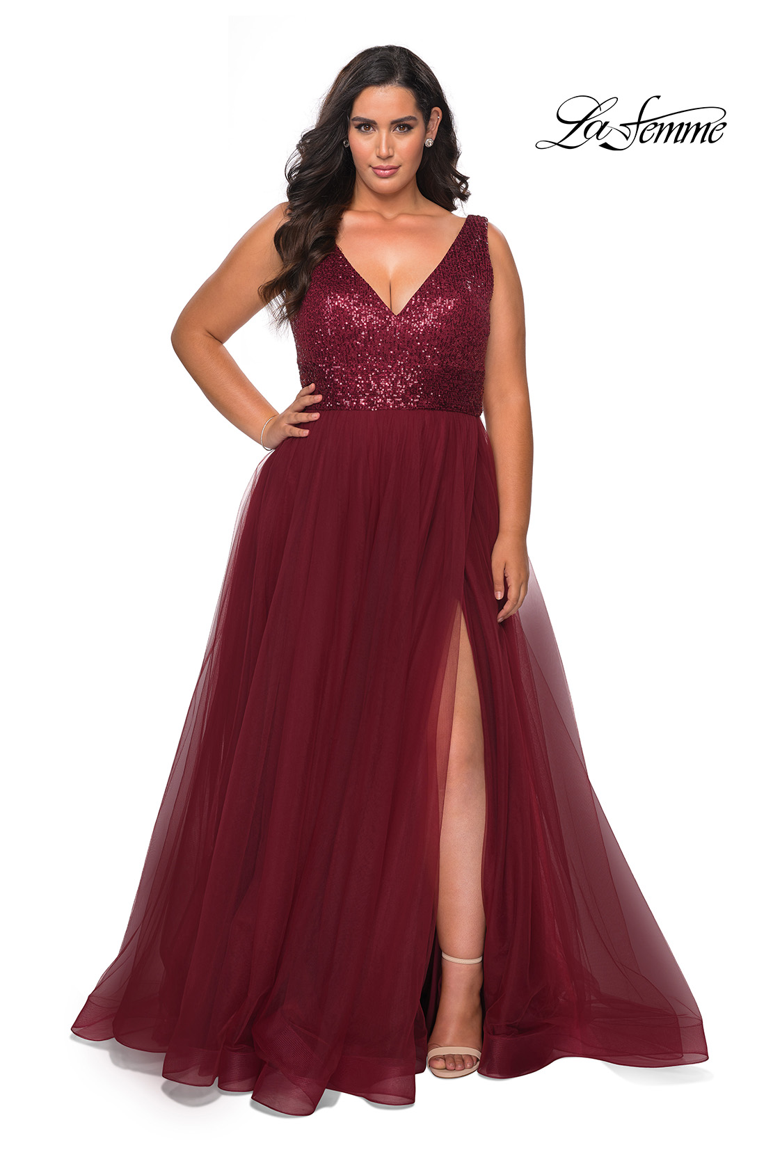 Wine Plus Size A Line Dress with Sequin and Tulle