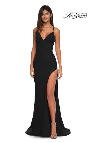 Picture of: Fitted Jersey Prom Dress with High Side Slit in Black, Style: 33080, Main Picture
