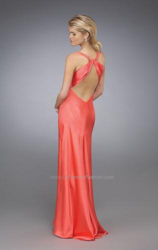 Picture of: V Neck Ruched Bodice Dress with Bedazzled Brooch in Red, Style: 12139, Back Picture