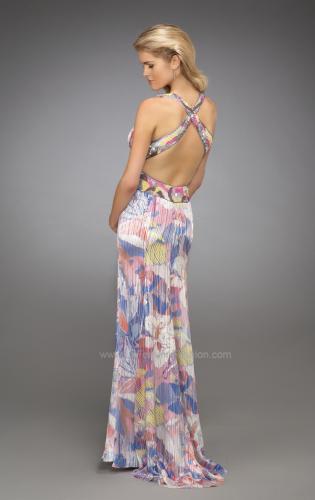 Picture of: Printed V Neck Prom Dress with Rhinestone Detail and Slit in Multi, Style: 12371, Back Picture