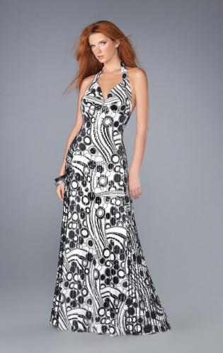 Picture of: Printed Halter Prom Dress with Low Scoop Back in Black White, Style: 13458, Main Picture