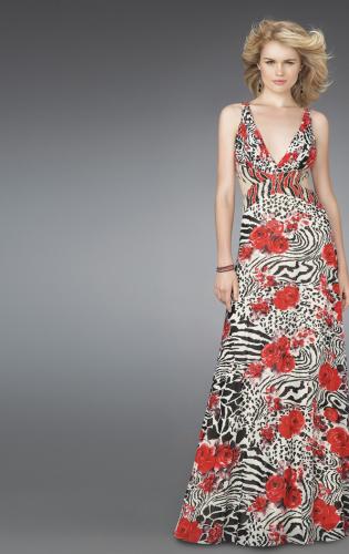 Picture of: Long Printed V Neck Prom Dress with Cut Outs in Multi, Style: 14396, Main Picture