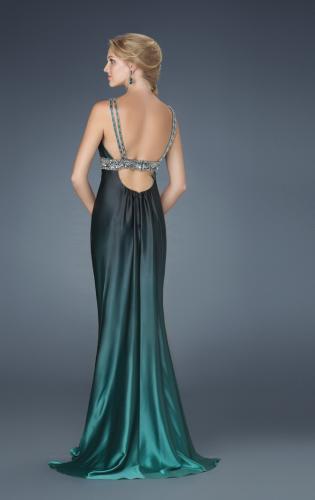 Picture of: V Neck Dress with Beaded Straps, Belt, and Open Back in Green, Style: 14456, Back Picture