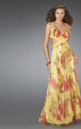 Picture of: Long Printed Prom Gown with Cut Outs and Open Back in Yellow, Style: 14529, Main Picture