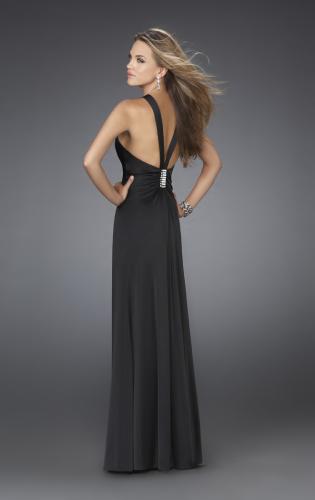 Picture of: Long Jersey Prom Dress with Ruching and Broach in Black, Style: 14925, Back Picture