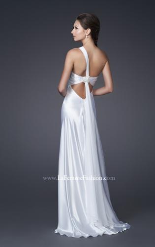 Picture of: One Shoulder Satin Gown with Broach and Train in White, Style: 15102, Back Picture