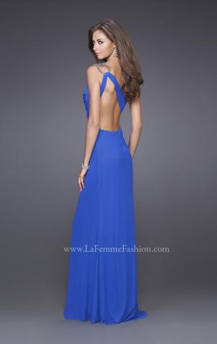 Picture of: One Shoulder Gown with Ruched Bodice and Slit in Blue, Style: 15417, Back Picture