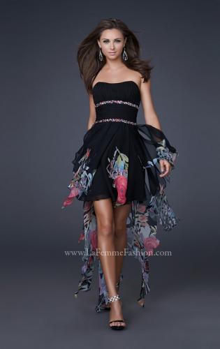 Picture of: High Low Print Chiffon Dress with Corset Bodice and Beading in Black, Style: 16289, Main Picture