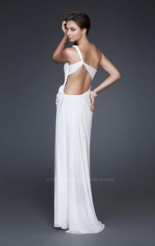 Picture of: One Shoulder Pleated Net Gown with Floral Detail and Slit in White, Style: 16759, Back Picture