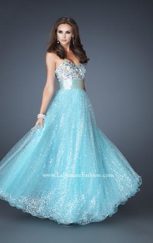 Picture of: Strapless Long Ball Gown with Beaded Bodice and Belt in Blue, Style: 18910, Detail Picture 3