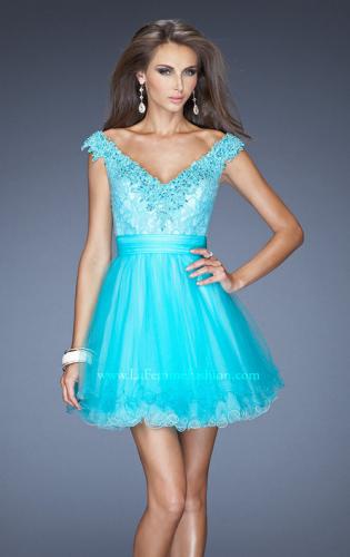Picture of: Short Prom Dress with Tulle Skirt and Embellished Lace Bodice in Blue, Style: 19572, Main Picture