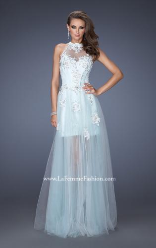 Picture of: High Neck Prom Dress with Floral and Jeweled Appliques in Blue, Style: 19970, Detail Picture 1
