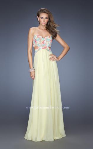 Picture of: Chiffon Prom Gown with Lace, Jewels, and Cut Outs in Yellow, Style: 20059, Detail Picture 1