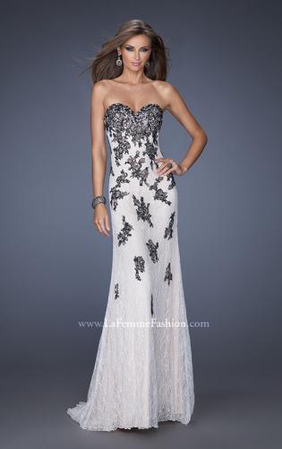 Picture of: Lace Column Prom Gown with Black Lace Appliques in White, Style: 20076, Main Picture